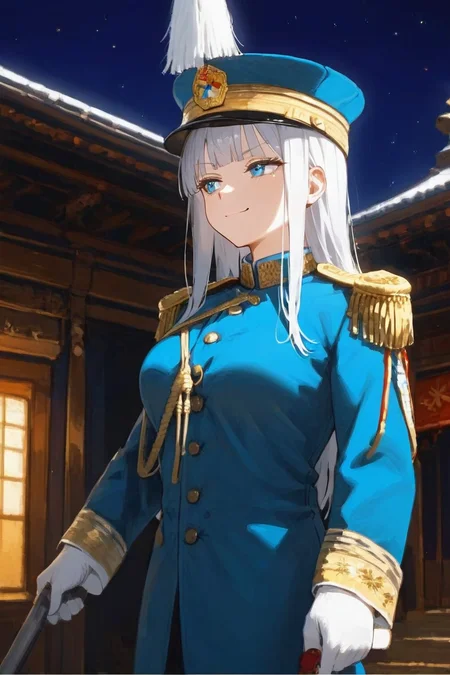 score_9,score_8_up,score_7_up,masterpiece,best quality,absurdres,high resolution,extremely detailed,1girl,solo,evil smile,smug,
<lora:zhiliarmy-XLpony-v1:1>,black long hair,hime cut,blunt bangs,blue eyes,looking to the side,from side,large breasts,hat,military,military hat,military uniform,buttons,epaulettes,(ZAU),(zhili army general),(blue green uniform),golden string,cap badge,hat badge,five color star badge,White Feather Top Hat,white gloves,pants,indoors,east asian architecture,white feather on kepi cap,kepi hat,kepi cap,night sky,outdoors,