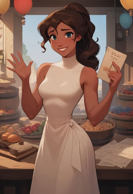 score_9, score_8_up, score_8,
,
cute Mediterranean woman, 32 years old, long curly dark hair in ponytail, ((dark skin)), ((medium breasts)),fit body, board,text, board with text,("Thank you for all given reactions":1.2),
((wearing white long dress)), market background,
in full color, aroused, inviting face, half-smile,
Modeling for sexy photos solo, JanePorterXLP