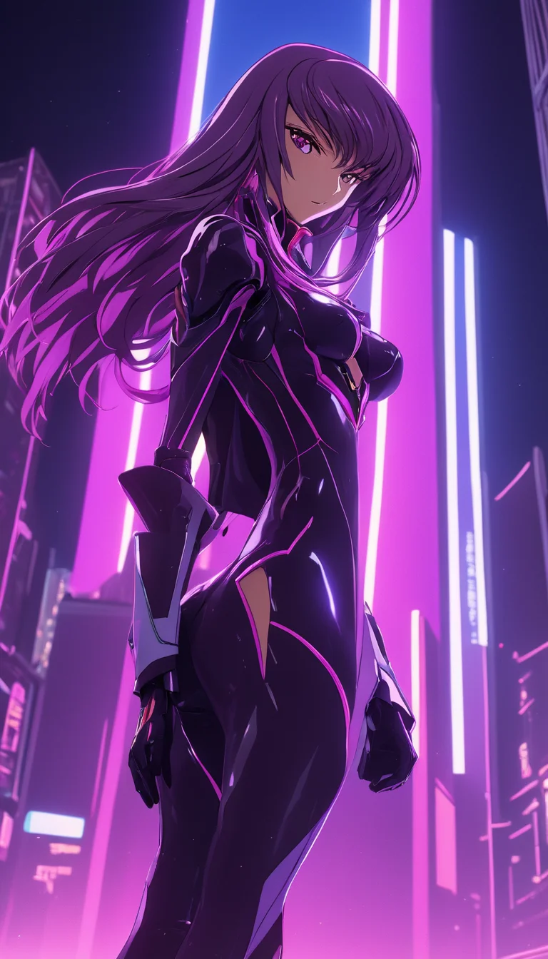 neonpunk style Cinematic scene, hero view, 1girl, C.C., Code Geass, action pose, detailed background, masterpiece, best quality, high quality, highres, absurdres <lora:cc:1> . cyberpunk, vaporwave, neon, vibes, vibrant, stunningly beautiful, crisp, detailed, sleek, ultramodern, magenta highlights, dark purple shadows, high contrast, cinematic, ultra detailed, intricate, professional