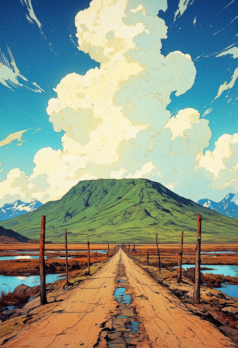 A vast open landscape featuring a flat-topped mountain under a dramatic sky filled with dynamic, fast-moving clouds. The foreground showcases a dirt road leading toward the mountain, flanked by shallow pools of water reflecting the sky. Sparse wooden posts stand in the wetland, adding depth and realism. The distant mountain has a lush green surface, contrasting with the rugged terrain around it. Beyond the mountain, rolling hills and jagged peaks stretch into the horizon, partially covered in snow. The sky dominates the composition, with clouds appearing to swirl and merge, evoking a sense of movement and changing weather. The colors transition from deep blue at the top to soft white and warm earthy tones near the ground, creating a harmonious balance between sky and land. The scene conveys a serene yet powerful atmosphere, reminiscent of remote, untouched nature.
,  anime, cyberpunk