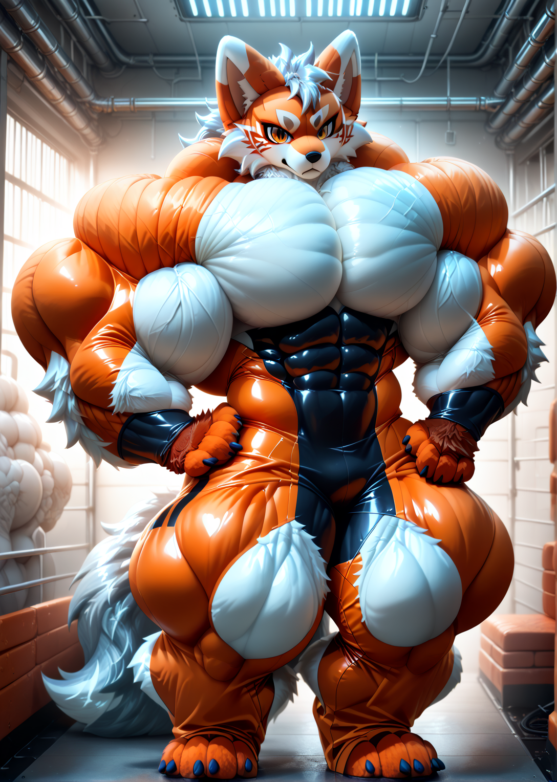 score_9, score_8_up, score_7_up, Furry, Fursuit, Furry Fursuit, Fursuit Animals, Muscles Fursuit, Fursuit Muscular, Hyper Huge Legs, Hyper Huge Thighs, Fantasy, Kemono Dimension, Fictional Movies World, Second Era Furry, Silicon-based Furry, Silicon-based Animal, Science fiction, body becomes verys stronger, hyper muscles pumping, hyper muscles developed, Hyper muscular thighs, Very Many Flesh Body, Very More Flesh Body, Verys Muscular Body, Future technology; Masterpiece, Werewolf, solo, looking at viewer, Anthropomorphic wolf, (ethnicity:1.2), (Body latex suit:1.3), (detailed clothing:1.3), (accessories:1.1), (facial features:1.3), (expression:1.2), (body type:1.1), (pose:1.2), torn clothes, (Clothes tear details:1.3), wearing orange latex prison uniform, muscular build, (detailed fur:1.2), standing, looking and gesturing directly at viewer, (detailed skin texture:1.2), inside a gray metal jail cell, with bars in front, gray concrete walls, (detailed metal texture:1.2), dimly lit, realistic lighting, detailed environment, photorealistic style, digital art, middle of the frame, high detail, (intense expression:1.3), sharp focus, full body shot, detailed claws, (detailed prison environment:1.1), full body close-up shot.