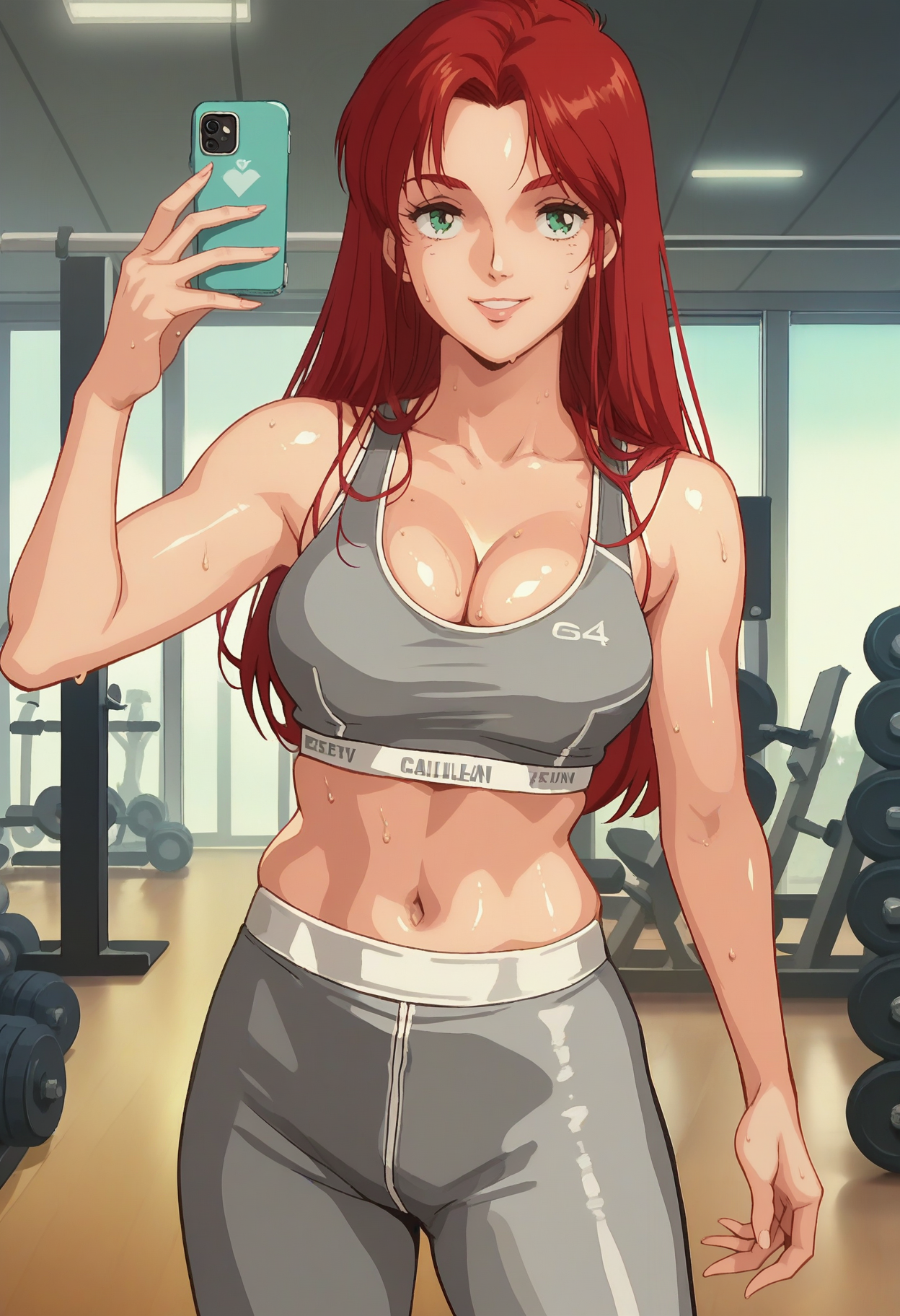 score_9, score_8_up, score_7_up, score_6_up, anime screencap, anime coloring, <lora:G0080CMV1_epoch_8:0.9>, G0080CM, solo, red hair, green eyes, long hair, breasts,
<lora:CalvinKleinSF:0.6>, calvin klein, sports bra, navel, cleavage, midriff, wedgie, grey bra, grey leggings, leggings, sweat, skindentation, white footwear, sneakers,
looking at viewer, smile, shiny skin, cowboy shot, selfie, holding phone, 
BREAK gym, indoors,