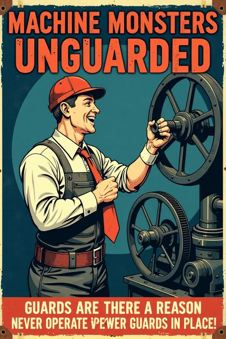 "Vintage safety sign illustration of a worker operating a large, dangerous-looking machine with all the machine guards completely removed or bypassed. He is happily feeding his tie into moving gears and ignoring exposed blades and belts spinning dangerously close to his hands. He has a blissful, carefree expression, completely unaware of the imminent danger of entanglement. The sign text in bold, vintage lettering cries out: 'MACHINE MONSTERS UNGUARDED! GUARDS ARE THERE FOR A REASON! NEVER OPERATE WITHOUT PROPER GUARDS IN PLACE!' Render in a stark, slightly unsettling vintage cartoon style, contrasting the worker's oblivious happiness with the clearly dangerous unguarded machinery. Use a color palette that emphasizes the cold, metallic nature of the machinery (greys, blues) and warning reds for danger zones around the unguarded moving parts. Visually stunning vintage cartoon, direct machine guarding safety message, high detail in machine components and the worker's dangerous disregard for safety." <lora:REMEs_War_Poster_Style:0.9> In REME's War Poster Style,âââ