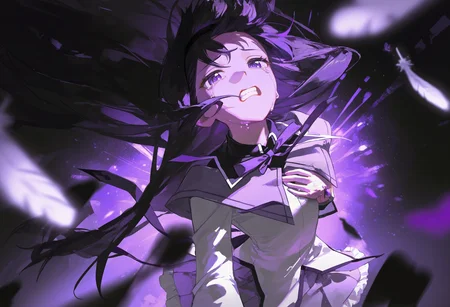 r4styl444, dark theme, purple theme, dim lighting, hand up, hand on own chest, masterpiece, best quality, newest, absurdres, highres, 1girl, akemi homura \(magical girl\), akemi homura, close-up, looking at viewer, blurry, cowboy shot, black background, purple eyes, purple theme, light rays, white feathers, light particles, screaming, perspective, clenched teeth, crying, tears, sad, <lora:artist_rafaelaaa_vpred:1>