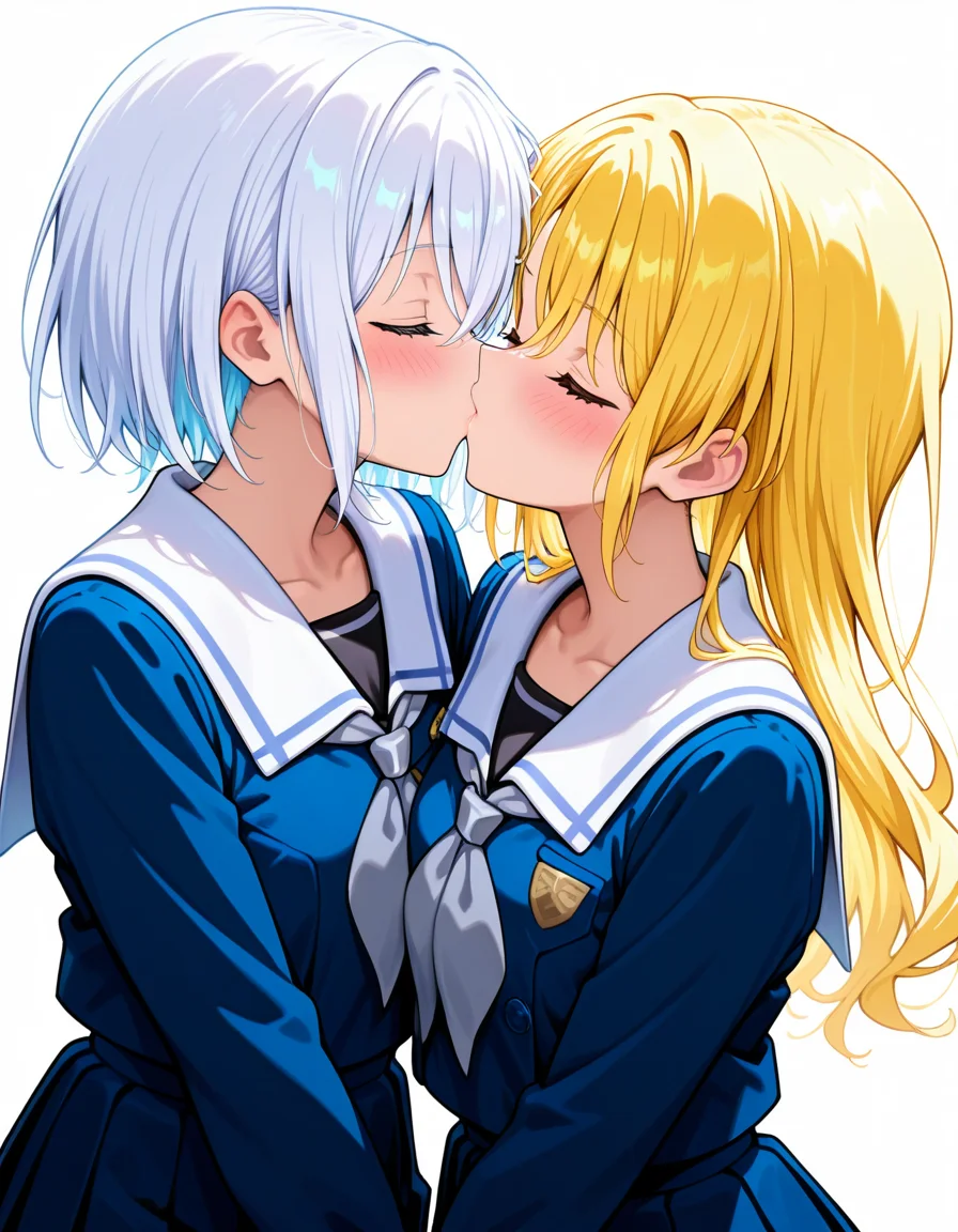 <lora:Morfonica_noobXL:1>, kirigaya toko, kurata mashiro, white hair, blonde hair, short hair, long hair, closed eyes, 2girls, tsukinomori school uniform, school uniform, pleated skirt, long sleeves, white sailor collar, serafuku, collarbone, blush, grey neckerchief, white background, kiss, upper body,, very awa, masterpiece, best quality, highres, absurdres, newest,