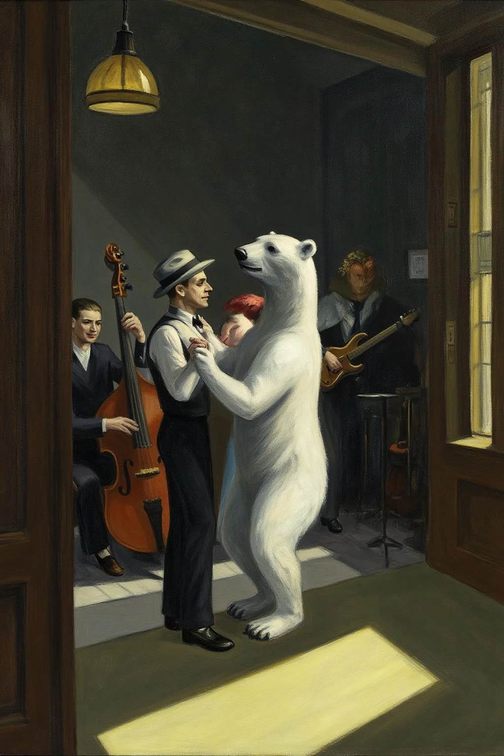 edwardhopper1 painting. 
a man and a woman dancing with a polar bear at a jazz club. A band is playing in the background.  <lora:edwardhopper1_cap_d8a4e11:1.0><lora:847364116107498501:0>