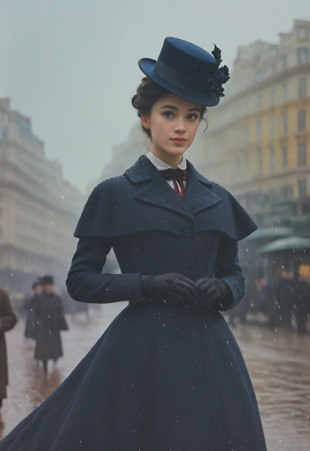 safe_pos, beautifully realistic realism, (vivid HDR photography, epic scene, cinematic photograph, timelapse, kodak portra film, film grain, real color), (highly detailed portrait of a awkwardly beautiful 20 year old woman<Mary Poppins is delightfully pretty yet unusually cute and well endowed, blushing, mesmerizing figure, fantastic, beautiful eyes, most incredible details, realistic skin, pores, goosebumps>, setting: 19th century Piccadilly Circus Lodnon<c. 1898, snowing, festive> by (great fashion photographer, tony kelly, (casey baugh:1.3)), wearing a sexy winter formal dress<Chanel Métiers d'Art totc haute couture> with a warm frock, a bit of holly, muff hand warmer, hazy, contrast, (prim like Mary Poppins and lit like a brandon woelfel model and sexy like a johnny crosslin model and classy like a winter fashion supermodel), postcard, delightful, beautiful composition