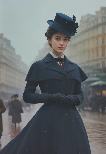 safe_pos, beautifully realistic realism, (vivid HDR photography, epic scene, cinematic photograph, timelapse, kodak portra film, film grain, real color), (highly detailed portrait of a awkwardly beautiful 20 year old woman<Mary Poppins is delightfully pretty yet unusually cute and well endowed, blushing, mesmerizing figure, fantastic, beautiful eyes, most incredible details, realistic skin, pores, goosebumps>, setting: 19th century Piccadilly Circus Lodnon<c. 1898, snowing, festive> by (great fashion photographer, tony kelly, (casey baugh:1.3)), wearing a sexy winter formal dress<Chanel Métiers d'Art totc haute couture> with a warm frock, a bit of holly, muff hand warmer, hazy, contrast, (prim like Mary Poppins and lit like a brandon woelfel model and sexy like a johnny crosslin model and classy like a winter fashion supermodel), postcard, delightful, beautiful composition