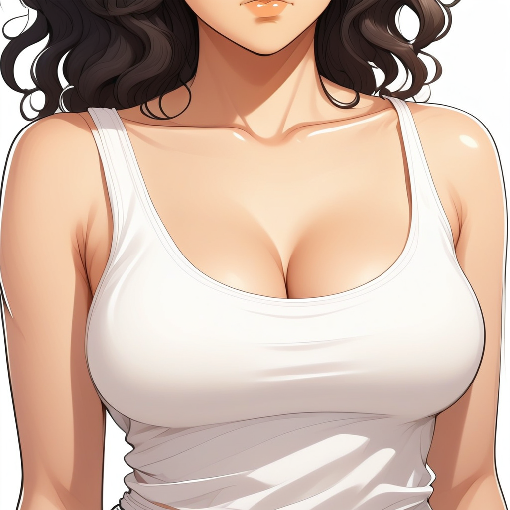 BoaneoTHala, anime-style Greek girl with olive skin, thick wavy black hair, expressive brown eyes, confident and serene face, dressed in a plain white tank top, head to cleavage frame, no jewelry, white background, clean linework, vibrant anime art style