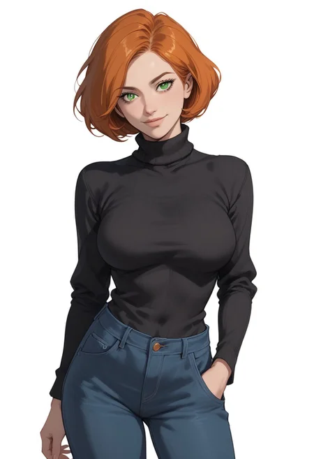score_9, score_8_up, score_8, score_7_up, score_7, Expressiveh, cowboy shot
BREAK
1girl, solo, annpossible, orange hair, short hair, green eyes, large breasts, looking at viewer, head tilt, seductive look, aroused, horny, standing, black turtleneck sweater, blue jeans, hands in pocket, light smile
BREAK
white background