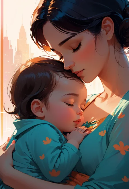 Close up of a mother cradling a baby,  sleeping,  art by Pascal Campion,  art by Atey Ghailan,  art by Joelle Jones style