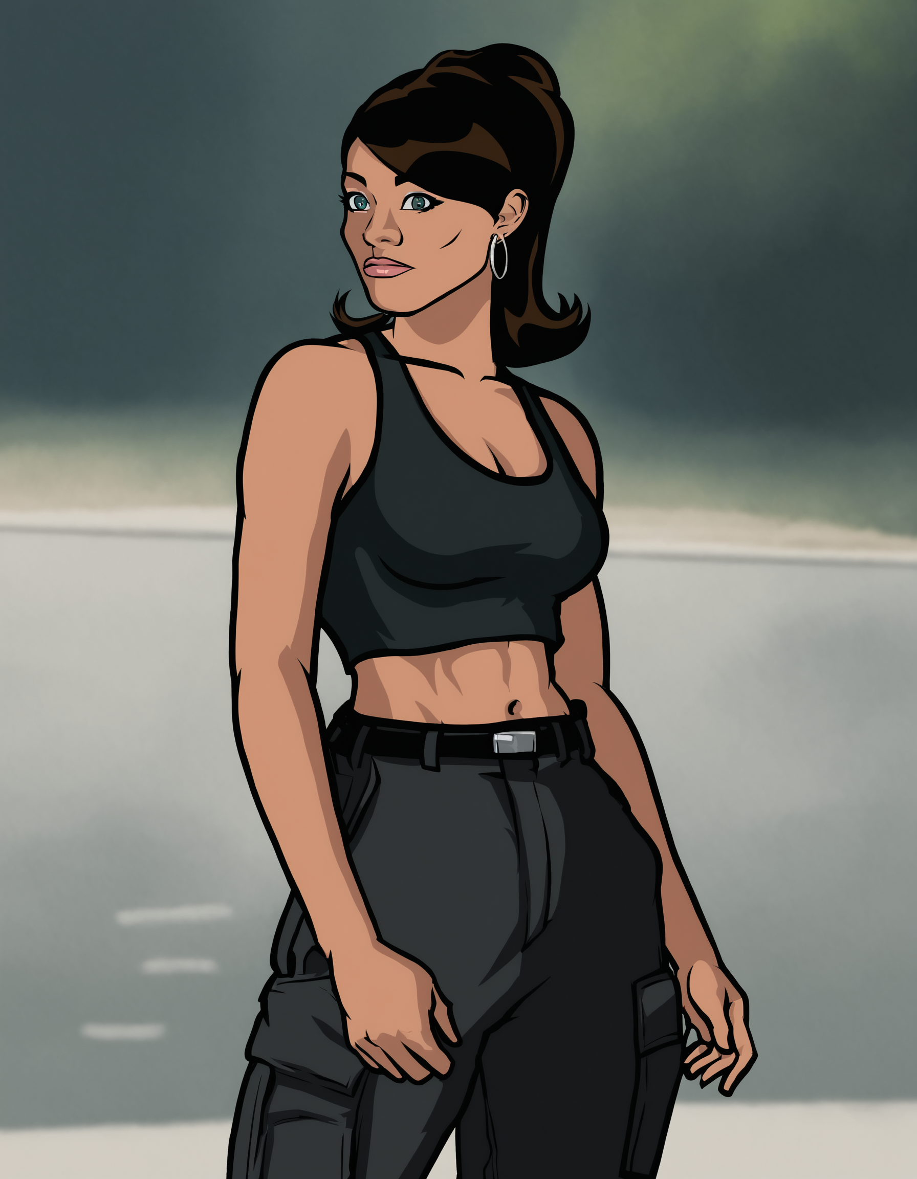 Lana, 1girl, earrings, breasts,midriff, brown hair, navel, black pants, black tank top, cleavage, belt, green eyes,ponytail,outdoors,, score_9, score_8_up, score_7_up, score_6_up, score_5_up, score_4_up, looking at viewer, cowboy shot, <lora:LanaKanePony1.0:1>