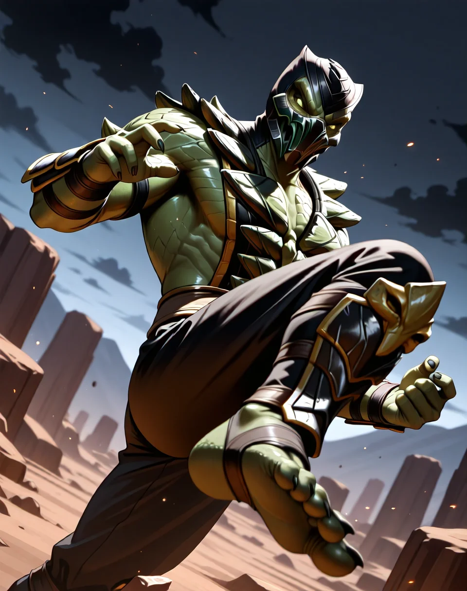 <lora:Reptile_X_(Mortal_Kombat)_(Illustrious)_(AD):1> Reptile_MK, muscular, Mortal Kombat,
dutch angle, exterior, monumental architecture, wasteland, dark night sky with black clouds,
male focus, gradient coloring, villain, intimidating, fierce, side kick,
BREAK very awe, aesthetically pleasing, masterpiece, best quality, amazing quality, very aesthetic, perfect depth of field shot, in'ei, source_furry, furry_art,
Smooth Quality, lazympos, IllustQualXL_Pos,