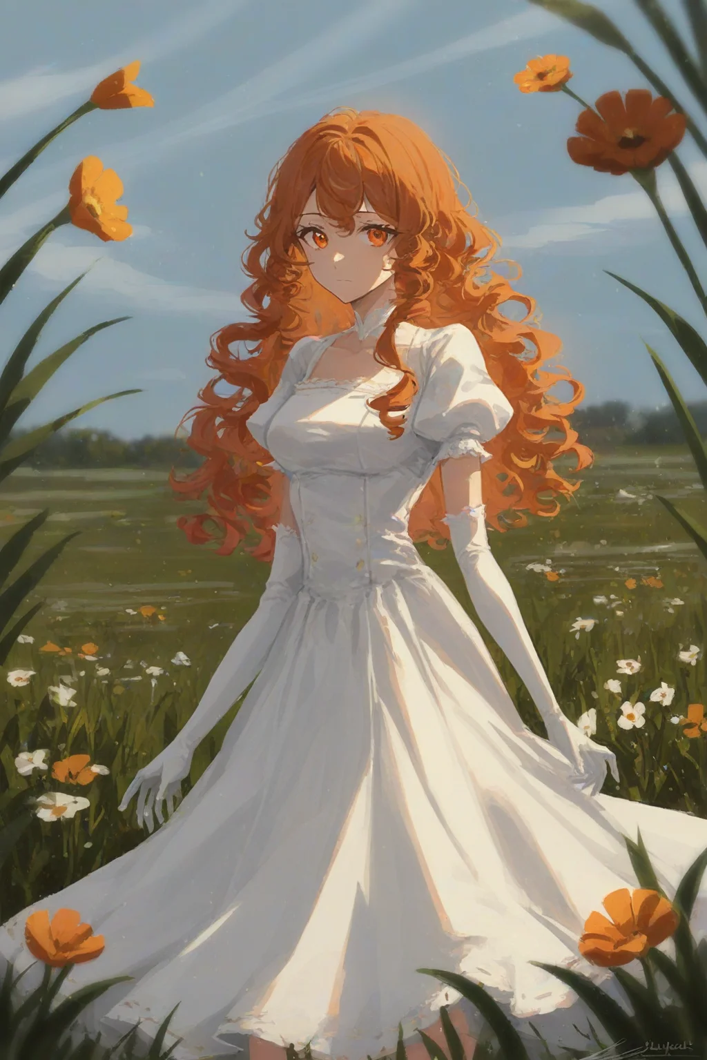 score_9, score_8_up, score_7_up, rating_safe, 1girl, solo, long hair, curly hair, wavy hair, orange hair, orange eyes, looking at viewer, breasts, dress, white dress, puffy sleeves, puffy short sleeves, short sleeves, gloves, elbow gloves, white gloves, cowboy shot, closed mouth, standing, outdoors, field, flower, grass, plant, sky, <lora:2024-08-02_13-31-29-save-6615-49-0:1>