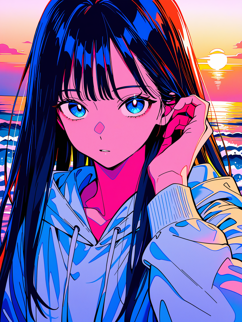 best quality, masterpiece, newest, perfect composition, very awa, jaggy lines,  limited palette,limited palette, oil painting \(medium\),  traditional media, dutch angle,  foreshortening, face focus, black hair, white hoodie,  adjusting hair, 
1girl, upper body, solo,  multicolored hair, straight hair, blue eyes,  <lora:vivid:0.6>, 
outdoors, evening, film grain, sea, <lora:spo_sdxl_10ep_4k-data_lora_webui:1>, (artist:ixy:0.5)