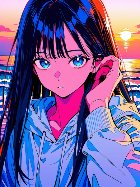 best quality, masterpiece, newest, perfect composition, very awa, jaggy lines, limited palette,limited palette, oil painting \(medium\), traditional media, dutch angle, foreshortening, face focus, black hair, white hoodie, adjusting hair,
1girl, upper body, solo, multicolored hair, straight hair, blue eyes, <lora:vivid:0.6>,
outdoors, evening, film grain, sea, <lora:spo_sdxl_10ep_4k-data_lora_webui:1>, (artist:ixy:0.5)