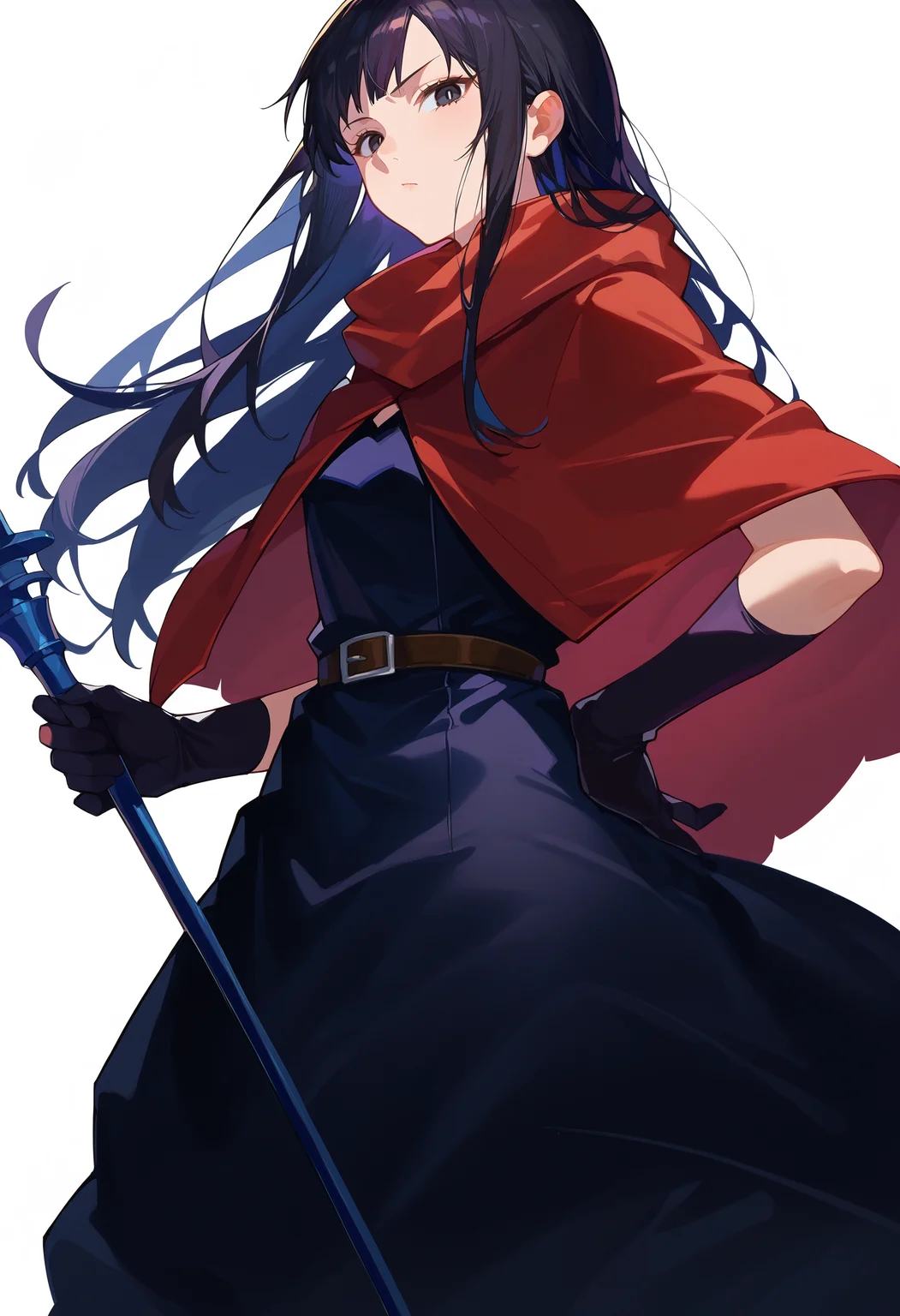 score_9,score_8_up,score_7_up,score_6_up, source_anime,
rin \(dungeon meshi\), 1girl, solo, long hair, black hair, gloves, dress, dungeon meshi, black gloves, belt, black dress, black eyes, hand on own hip, red capelet,
trident staff, holding staff, holding,
standing, looking at viewer, black eyes,
white background, simple background,
masterpiece, best quality, very aesthetic, absurdres
<lora:dungeon_meshi_collection_v23:1>