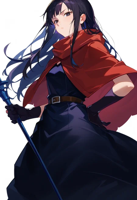 score_9,score_8_up,score_7_up,score_6_up, source_anime,
rin \(dungeon meshi\), 1girl, solo, long hair, black hair, gloves, dress, dungeon meshi, black gloves, belt, black dress, black eyes, hand on own hip, red capelet,
trident staff, holding staff, holding,
standing, looking at viewer, black eyes,
white background, simple background,
masterpiece, best quality, very aesthetic, absurdres
<lora:dungeon_meshi_collection_v23:1>