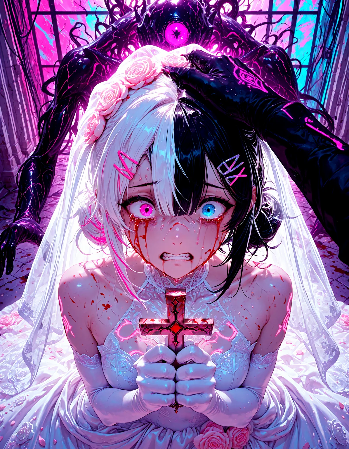 smooth positive, masterpiece, best quality, good quality, newest, highres, absurdres, 8K, bright colors, scenery, (volumetric lighting), multicolored background, from above, neon palette, wide angle, portrait, blood on hands, blood on face, scared, 1girl, streaming tears, holding cross, hairclip, (split-color hair:1.3), black hair, whitehair, heterochromia, body markings, clenched teeth, wedding dress, bridal veil, elbow gloves, corruption, headpat, eldritch abomination,
smooth positive, masterpiece, best quality, good quality, newest, highres, absurdres, 8K, bright colors, scenery, (volumetric lighting), <lora:add-detail-xl:1> <lora:illustriousXL_stabilizer_v1.72:0.8>