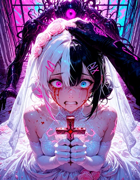 smooth positive, masterpiece, best quality, good quality, newest, highres, absurdres, 8K, bright colors, scenery, (volumetric lighting), multicolored background, from above, neon palette, wide angle, portrait, blood on hands, blood on face, scared, 1girl, streaming tears, holding cross, hairclip, (split-color hair:1.3), black hair, whitehair, heterochromia, body markings, clenched teeth, wedding dress, bridal veil, elbow gloves, corruption, headpat, eldritch abomination,
smooth positive, masterpiece, best quality, good quality, newest, highres, absurdres, 8K, bright colors, scenery, (volumetric lighting), <lora:add-detail-xl:1> <lora:illustriousXL_stabilizer_v1.72:0.8>