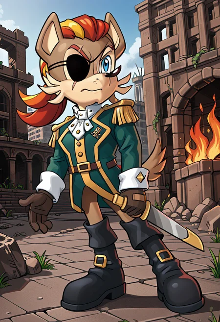 masterpiece, best quality, amazing quality, high detail, absurdres, Patch D'Coolette, male solo, fire on ground, ruins, outdoors, building, weapon, sheathed, tail, looking at viewer, green jacket, black boots, gloves, eyepatch, scar, blond hair, blue eyes, ruble, gray sky