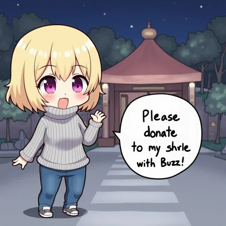 anime, chibi, 1girl, bob cut, blonde hair, purple eyes, graysweater, jeans, comic bubble text that says "Please donate to my shrine with Buzz!", shrine temple, outdoors, night,