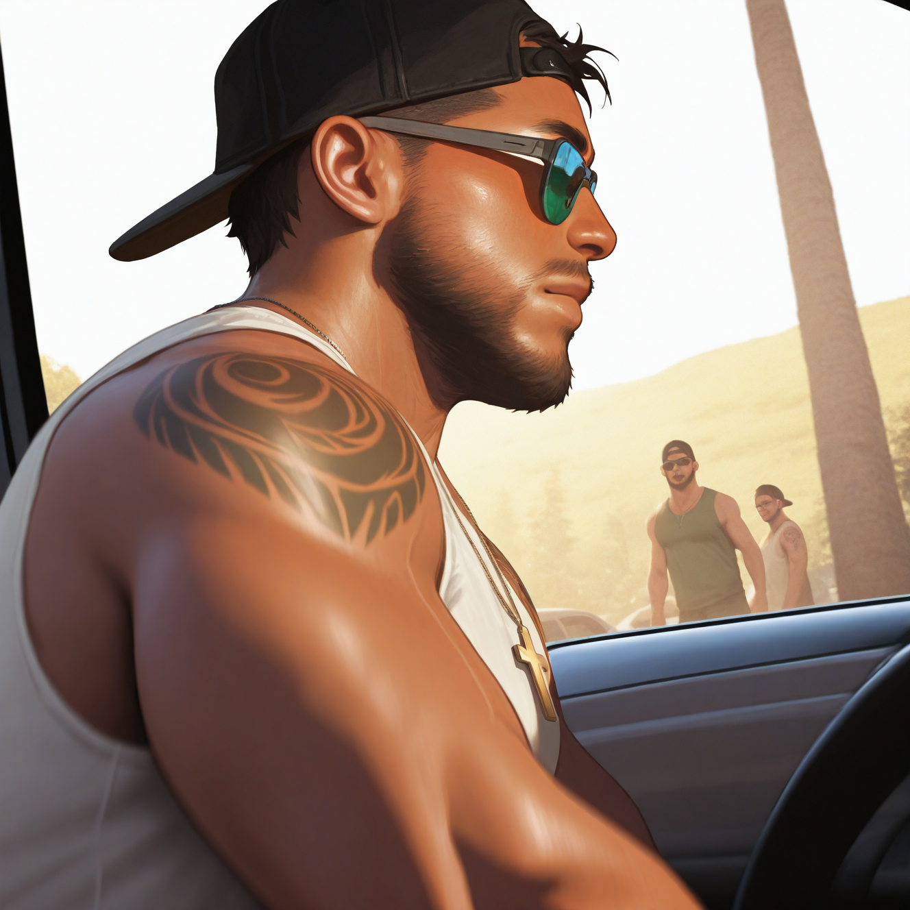 <lora:JASON_GTA:1>jason_gta, solo, short hair, shirt, black hair, 1boy, hat, closed mouth, jewelry, white shirt, upper body, male focus, outdoors, multiple boys, shorts, sleeveless, glasses, solo focus, day, dark skin, 2boys, necklace, from side, black headwear, sleeveless shirt, muscular, tattoo, facial hair, muscular male, sunglasses, pectorals, dark-skinned male, tank top, bara, baseball cap, beard, reflection, mature male, green shirt, mustache, realistic, arm tattoo, shoulder tattoo, white tank top, photo background, backwards hat, blurry, cross, motor vehicle, car, cross necklace ,dynamic perspective, detailed background, motion blur, film grain, abstract, natural lighting, fantasy, cinematic, dynamic view, tilted angle, very awa, masterpiece, best quality, absurdres, newest, perfect quality, detailed background, intricate details, (artist:fl \(l-fl\):0.7), (artist:tooboshoo:0.7), (artist:dizdoodz:0.8)