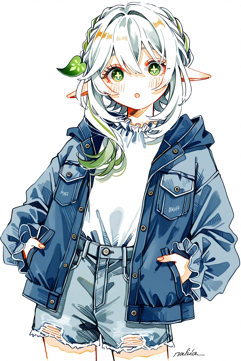 1girl, nahida \(genshin impact\), watanabe tomari, solo, frilled shirt, cutoff jeans, (alternate costume), best quality, masterpiece, very awa, absurdres, looking at viewer, sidelocks, denim shorts, open jacket, side braid, hood down, cowboy shot, jacket, simple background, hoodie, green hair, casual, artist name, blush, braid, green eyes, open clothes, red eyes, shirt tucked in, frilled sleeves, shirt, shorts, hair ornament, short hair with long locks, frills, open mouth, multicolored hair, denim, white background, blue jacket, hands in pockets, white hair, streaked hair, :o, long sleeves, white shirt