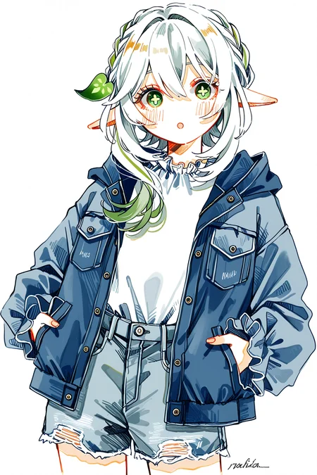 1girl, nahida \(genshin impact\), watanabe tomari, solo, frilled shirt, cutoff jeans, (alternate costume), best quality, masterpiece, very awa, absurdres, looking at viewer, sidelocks, denim shorts, open jacket, side braid, hood down, cowboy shot, jacket, simple background, hoodie, green hair, casual, artist name, blush, braid, green eyes, open clothes, red eyes, shirt tucked in, frilled sleeves, shirt, shorts, hair ornament, short hair with long locks, frills, open mouth, multicolored hair, denim, white background, blue jacket, hands in pockets, white hair, streaked hair, :o, long sleeves, white shirt