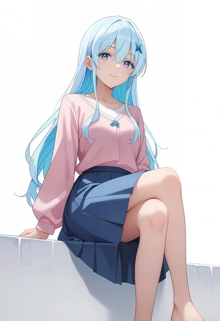 score_9_up,score_8_up,score_7_up,<lora:Lily AOI v1.0_pony-000030:1>,
solo,1girl,smile,
MCL_LA,multicolored hair,blue hair,hair between eyes,blue eyes,
looking at viewer,long hair,closed mouth,simple background,collarbone,white background,full body,feet out of frame,
blue skirt,pink shirt,long skirt,blue skirt,pleated skirt,sitting,crossed_legs,from_below
