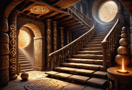 magic academy, mystical energy pulses ancient runes archive, papyrus racks,winding staircases, clay tablets,ancient scrolls,enchanted quills, preservation globes,spell-triggered lighting, , , runic protection circles, magical, fantasy