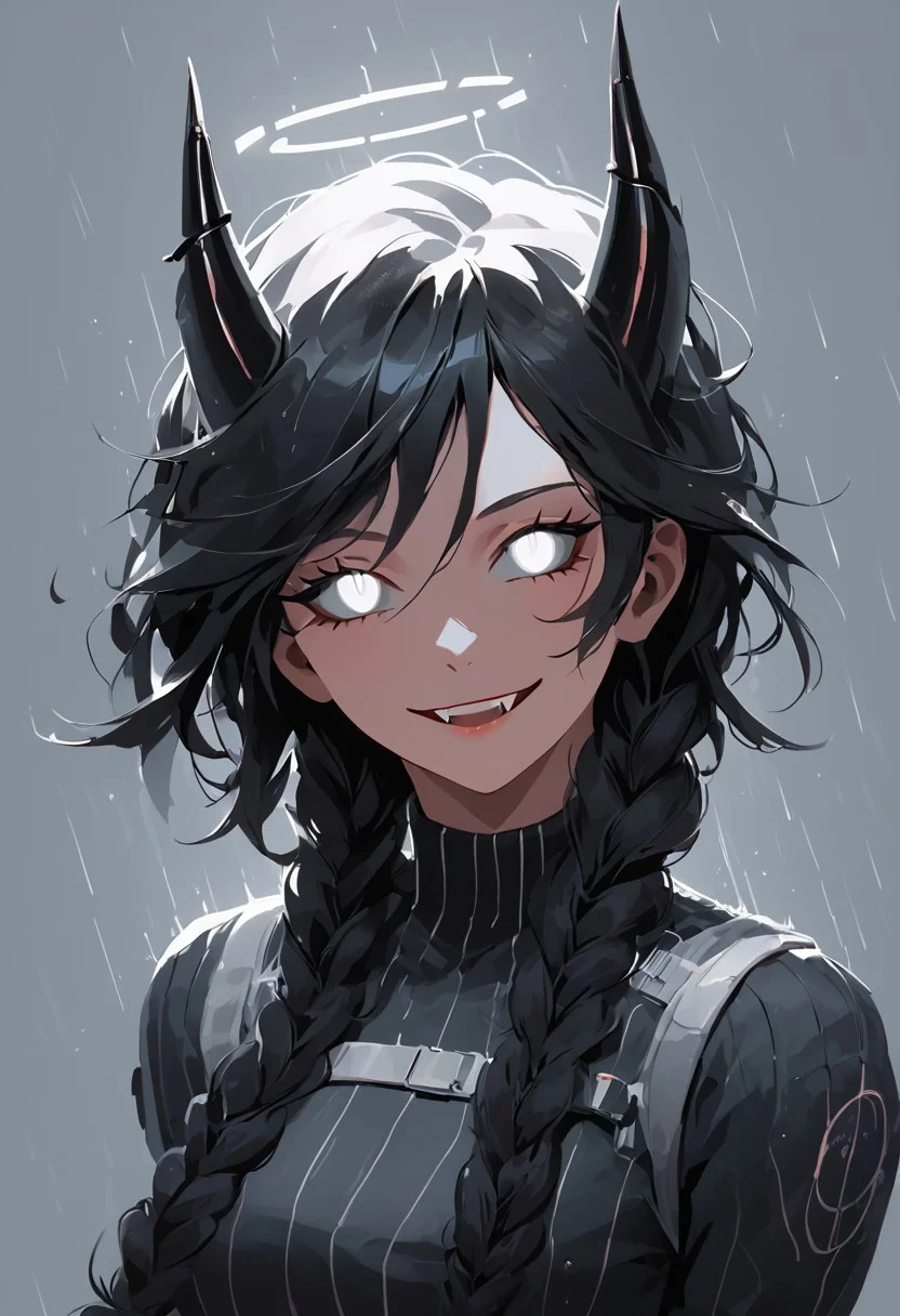 score_9, score_8_up, score_8, female, cel-shading, backlit, big eyes, cute eyes, delicate features, short hair, (braided hair), black hair, portrait, nsfw, smug, seductive eyes, horns, hologram halo, techwear, cyborg, cybernoir, heavy rain, rainrops, (((dark))), sexy, sensual glare, white eyes, black sclera, big chest, lineless, flar color, toothy smile, fangs,