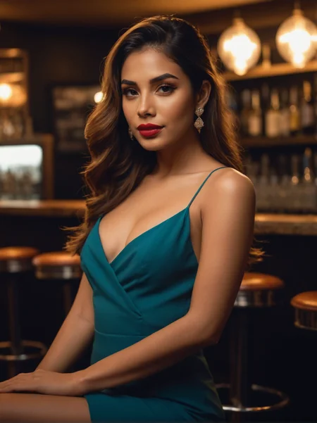 A dynamic cinematic photograph of Emma_Sucheon_P_MXAI_SDXL   , happy expression, wearing an elegant cocktail dress, sitting on a barstool in a crowded cocktail bar, ((full body shot)), low angle shot, shot from the side,  PA7_Portrait-FL, SK_CINEMATIC, ziprealism, (((Ultra-HD-details, Ultra-HD-detailed, Ultra-HD-realistic, Ultra-HD-photo-same-realistic-quality-details)))