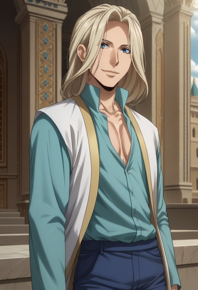 score_9, score_8_up, score_7_up, source_anime, highly detailed, 
narsus, 1boy, male focus, solo, long hair, upper body, blonde hair, looking at viewer, standing, pants,
shirt, blue shirt, vest, long vest, long sleeves, high collar, smile, closed mouth
indoor, palace, persia, persian,