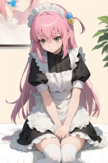 1girl, apron, bow, cube hair ornament, dress, frills,( gloom expression), hair ornament, long hair, looking away, maid, maid apron, maid headdress, mary janes, one side up, pink hair, shaded face, shoes, short dress, solo, sweatdrop, thighhighs, white thighhighs, zettai ryouikidynamic angle, floating, frills, painting, depth of field, Depth of field,nature

 <lora:hitoriGotohBocchiThe_v1:1>