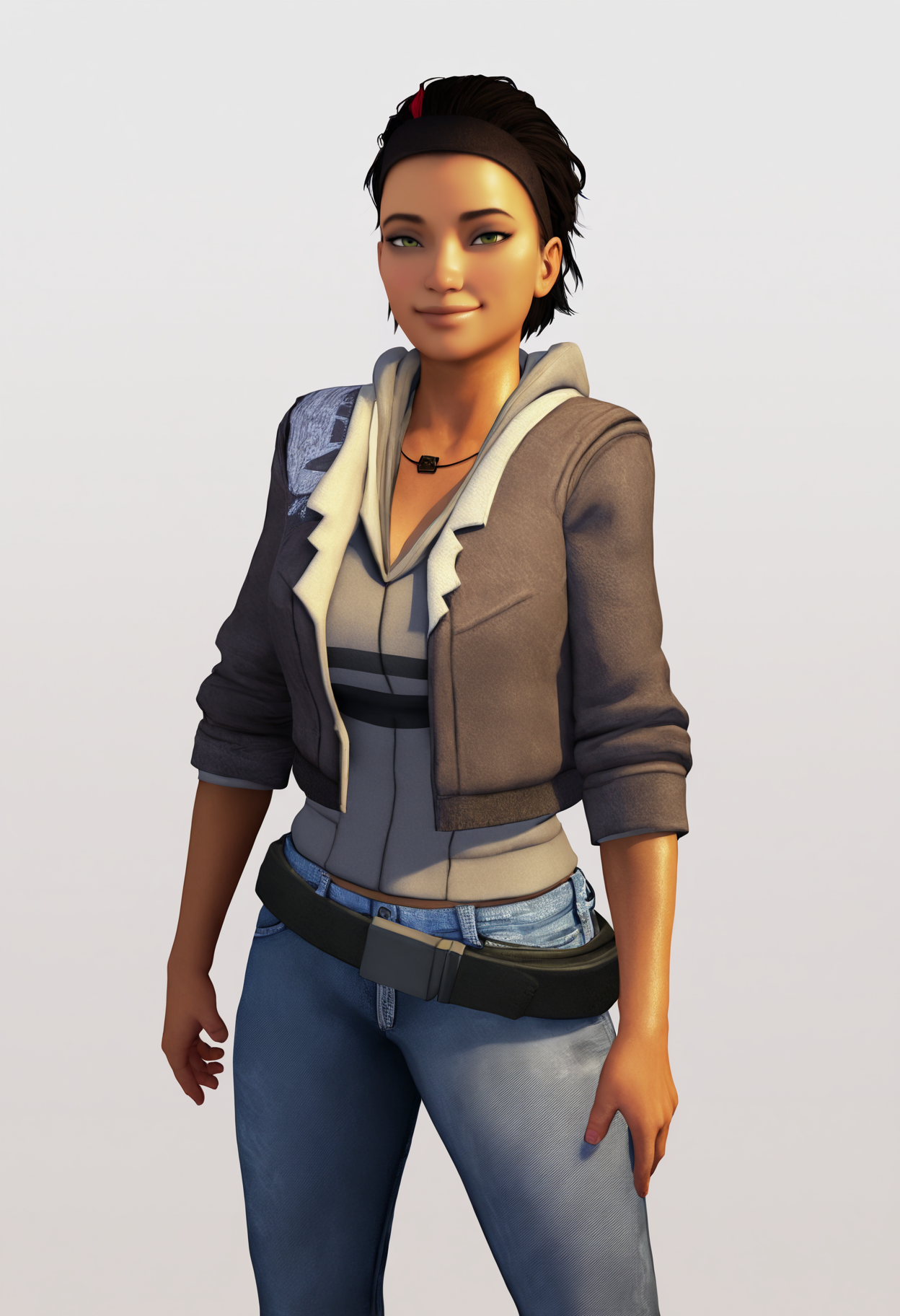 best quality, amazing quality, very aesthetic, absurdres,
realistic, 3d render, render,
1girl, alyxvance, black hair, red streaked hair, green eyes, tan skin,
belt, jacket, jeans, hoodie, necklace,
upper body, smile, standing, looking at viewer, solo, simple background, white background,   <lora:AlyxNoobXL_byKonan:1>