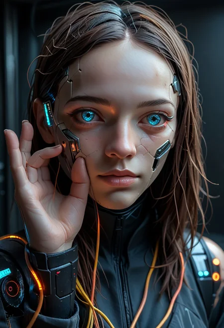 end_tripwire_morph, solo, cyberpunk, looking at viewer, 1girl, blue eyes, portrait, cable, cyborg, wire, mask, hand up, neon, wires, made of wires, cables, outlined with wires and neon, neon outlines, wire sculpture, neon wire sculpture, , PonyXLV6_Scores
neon, wires, made of wires, cables, outlined with wires and neon, neon outlines, wire sculpture, neon wire sculpture