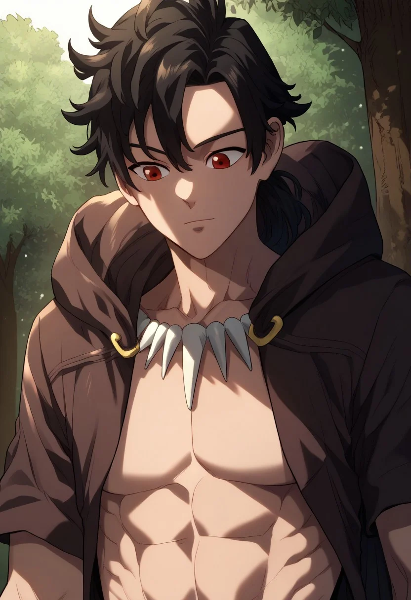 score_9, score_8_up, score_7_up, source_anime, highly detailed, 
vikir, 1boy, male focus, solo, black hair, ponytail, long hair, red eyes, abs, pectorals, jewelry, tooth necklace, cloak, brown cloak, open cloak, short sleeves, hood, upper body,
outdoor, forest