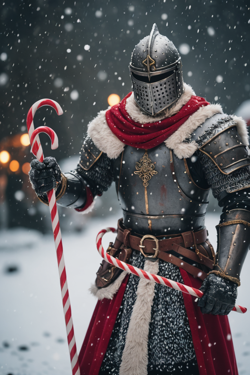 cinematic photo dark souls warrior with (santa costume:1.2),holding candy cane,snowing . 35mm photograph, film, bokeh, professional, 4k, highly detailed