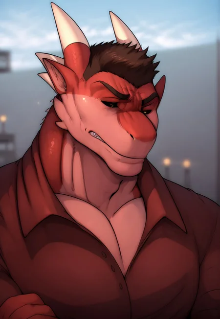 zPDXL, score_9,score_8_up,score_7_up,_up, furry_diffusion, John (Zourik), male, colored skin, pectorals, bara, furry male, anthro dragon, red body, horns, brown hair, black sclera, yellow iris, muscular, tail,
expressive serious face, day indoor oce, large
glass wall, cityscape outdoors, shadow,
foreshortening, dutch angle, dynamic angle, dynamic
action, intricately detailed, depth of field, atmospheric
perspective, masterpiece, best quality, amazing
quality, very aesthetic, absurdres, newest