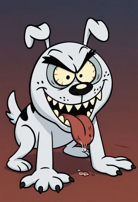 (score_9 | score_8_up | score_7_up) ((masterpiece:1))(best quality,very high quality,ultra detailed:1.2) (2D,cartoon style,anime style)(Smooth:2)(clean blurring) (four fingers on each hand,one thumb on each hand:1), solo, charles, dog, black spot on left eye, white, paw, dog paws, runaway brain, monstrous look, angry face, exagerated features, intense eyes, aggressie expression, hunched, menacing, sharp teeth, full body, tongue, salivia, hunched over, all fours,