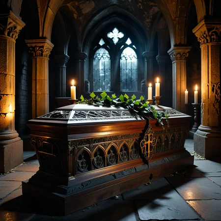 horror-themed A dramatic and atmospheric photograph of the interior of an ancient crypt, dimly lit by flickering candlelight. The crypt features old, cracked stone walls covered in moss and ivy, with intricate carvings and Gothic details etched into the stone. At the center of the crypt lies an ornate vampire coffin, made of dark, polished wood with silver and gold inlays, adorned with ancient symbols and intricate Gothic patterns. The coffin is slightly ajar, revealing a glimpse of red velvet lining. Surrounding the coffin are scattered bones, dusty cobwebs, and antique candelabras with melting candles, casting eerie shadows across the crypt. The mood is dark, mysterious, and hauntingly beautiful, with subtle rays of pale moonlight filtering through a small, broken stained-glass window.
<lora:SDXLFaeTastic2400:0.4> <lora:extremely_detailed:0.4> extremely detailed,, eerie, unsettling, dark, spooky, suspenseful, grim, highly detailed, Masterpiece,best quality,hi res,8k,hi res,8k,award winning,(sharp focus, intricate, highly detailed),