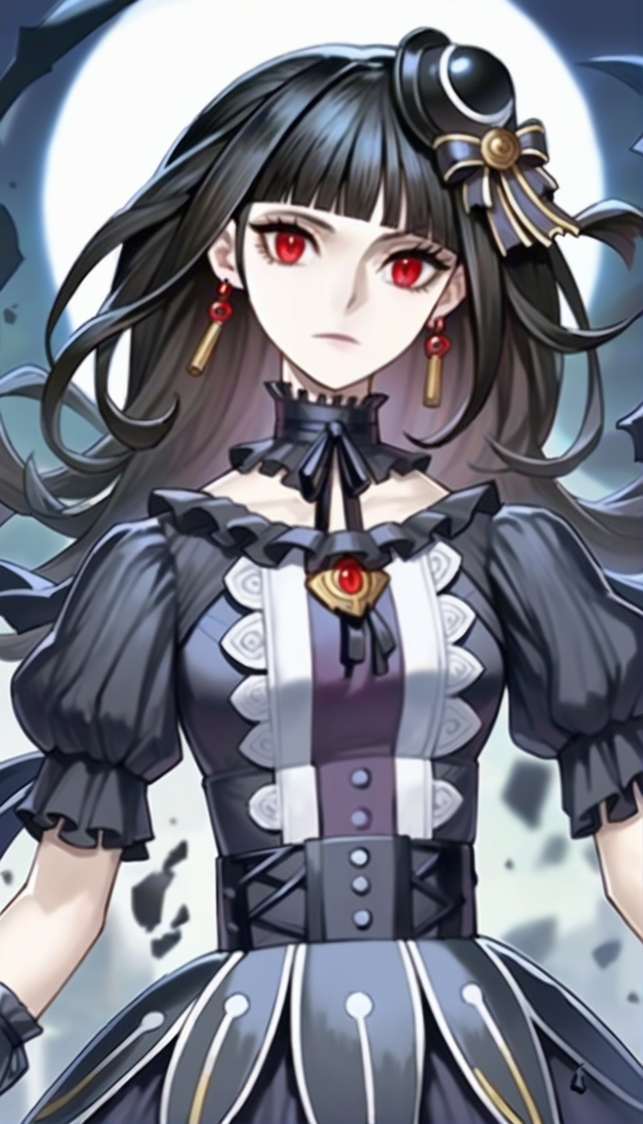 score_9,score_8_up,score_7_up,
<lora:underworldgoddess:0.9>,underworldgoddess,moon of the closed heaven,
1girl,solo,pale skin,black hair,blunt bangs,bouncing hair,
red eyes,looking at viewer,facing viewer,
hair ornament,earrings,black neckerchief,black ribbon,intricate frills and lace,jewelry,gothic attire,victorian-inspired dress,black long strap,puffy sleeves,detached sleeves,
portrait,
outdoors,blurred background,total solar eclipse,dragon-like shadowy figure behind her,shattered particle effects,glowing light effects,surreal atmosphere,magical aura,
