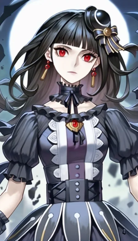 score_9,score_8_up,score_7_up,
<lora:underworldgoddess:0.9>,underworldgoddess,moon of the closed heaven,
1girl,solo,pale skin,black hair,blunt bangs,bouncing hair,
red eyes,looking at viewer,facing viewer,
hair ornament,earrings,black neckerchief,black ribbon,intricate frills and lace,jewelry,gothic attire,victorian-inspired dress,black long strap,puffy sleeves,detached sleeves,
portrait,
outdoors,blurred background,total solar eclipse,dragon-like shadowy figure behind her,shattered particle effects,glowing light effects,surreal atmosphere,magical aura,