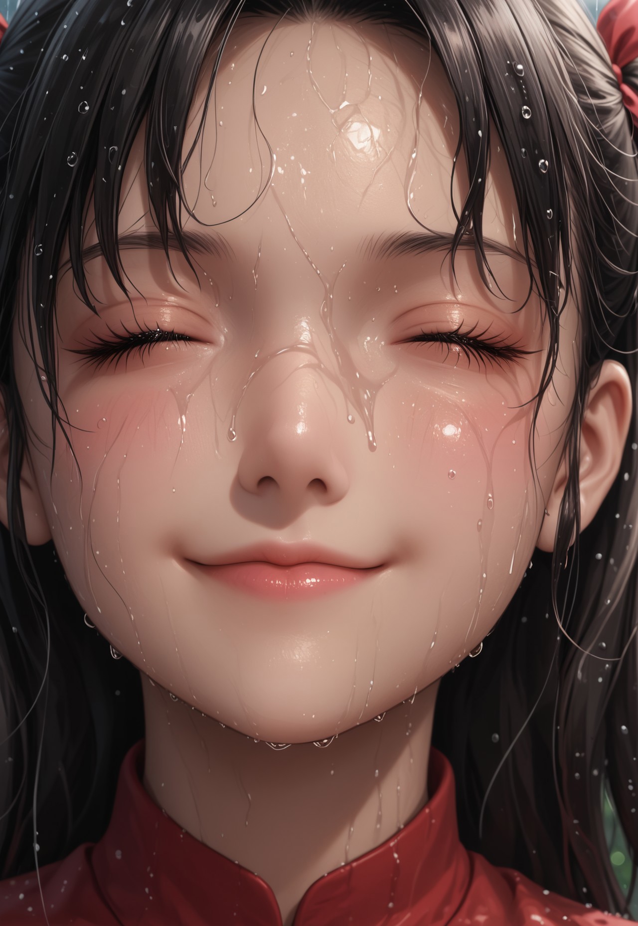 Masterpiece,best quality,highresolution,very aesthetic,((anime style)),detailed eyes,

1 female,Jedrnto, brown hair,black hair ribbons, red shirt, black skirt, black stockings,

aerial view,close up face,looking up,
standing,(((eyes closed))),wet face,wet clothes,heavy rain,smile,closed mouth,at peace,