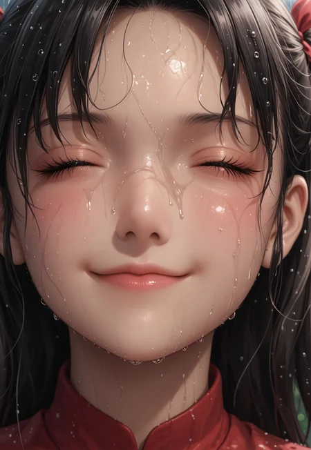Masterpiece,best quality,highresolution,very aesthetic,((anime style)),detailed eyes,

1 female,Jedrnto, brown hair,black hair ribbons, red shirt, black skirt, black stockings,

aerial view,close up face,looking up,
standing,(((eyes closed))),wet face,wet clothes,heavy rain,smile,closed mouth,at peace,