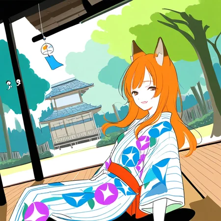 great quality,dynamic angle,official wallpaper,almic,akakura, ayomo ro,egami,1girl walking under tree,solo, takamichi, takamichi ,watercolor \(medium\),cute, year 2023, medium small breasts ,(mattaku mousuke,sincos:0.8),flaxen orange hair,brown orange hair,long hair,dark brown ears,fox ears,skin fang ,brown eyes  ,looking at viewer,,upper body,,legs out of frame, flat color,building,park, (two tone color green and blue thema), comic, intensed shadow,sketch,cartoon sketc,floating reef, forest,shadow,scenery, out of frame,looking down,looking away,,wind, ,vivid,from side,smile,closed eyes,summer,,,smirk, dappled_sunlight, indoors, under eaves  ,veranda, ,dutch angle,sunbeam,,blue yukata,white kimono, morning glory print,red sash,sitting, , :d, wind, wind chime, sway  back,wooden floors,