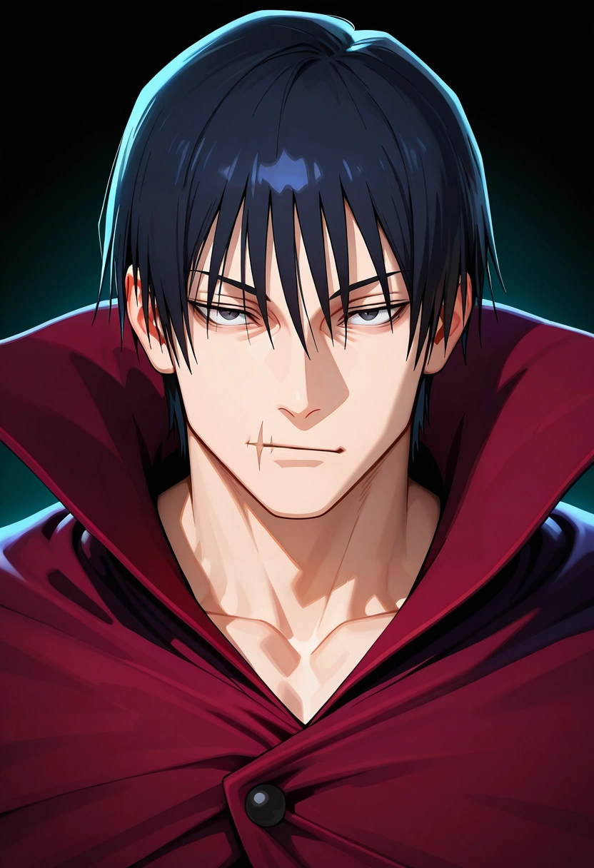 masterpiece, best quality, , (3d:0.4), looking at viewer, 1boy, solo, male focus, <lora:touji_fushiguro_ilxl:0.96>, touji_fushiguro, black hair, black eyes, short hair, hair between eyes, bangs, , scar on mouth, , vampire costume