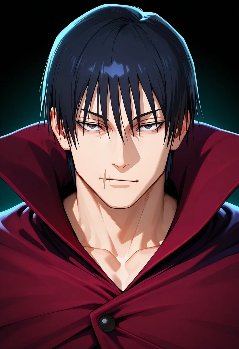 masterpiece, best quality, , (3d:0.4), looking at viewer, 1boy, solo, male focus, <lora:touji_fushiguro_ilxl:0.96>, touji_fushiguro, black hair, black eyes, short hair, hair between eyes, bangs, , scar on mouth, , vampire costume