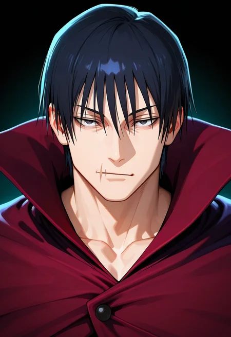 masterpiece, best quality, , (3d:0.4), looking at viewer, 1boy, solo, male focus, <lora:touji_fushiguro_ilxl:0.96>, touji_fushiguro, black hair, black eyes, short hair, hair between eyes, bangs, , scar on mouth, , vampire costume